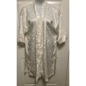 VTG Victorias Secret Midi Kimono Satin Robe Ivory Jacquard Floral Gold Label O/S